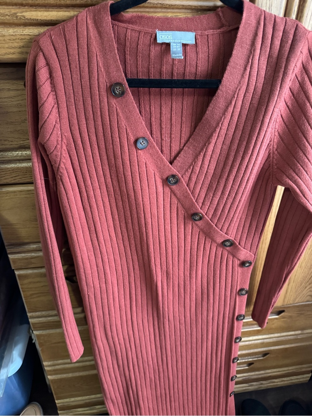 ASOS Rust Ribbed Button-Accent V-Neck Sweater Dress size 10